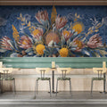 Vintage Protea and Banksia Floral Mural Wallpaper — Indigo Botanical Mural Wallpaper - pure wallpaper artwork