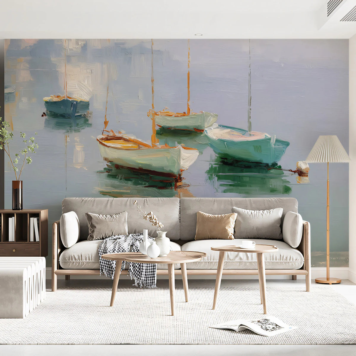 Impressionist Harbor Boats Mural Wallpaper — Soft Coastal Scene Mural Wallpaper - pure wallpaper artwork