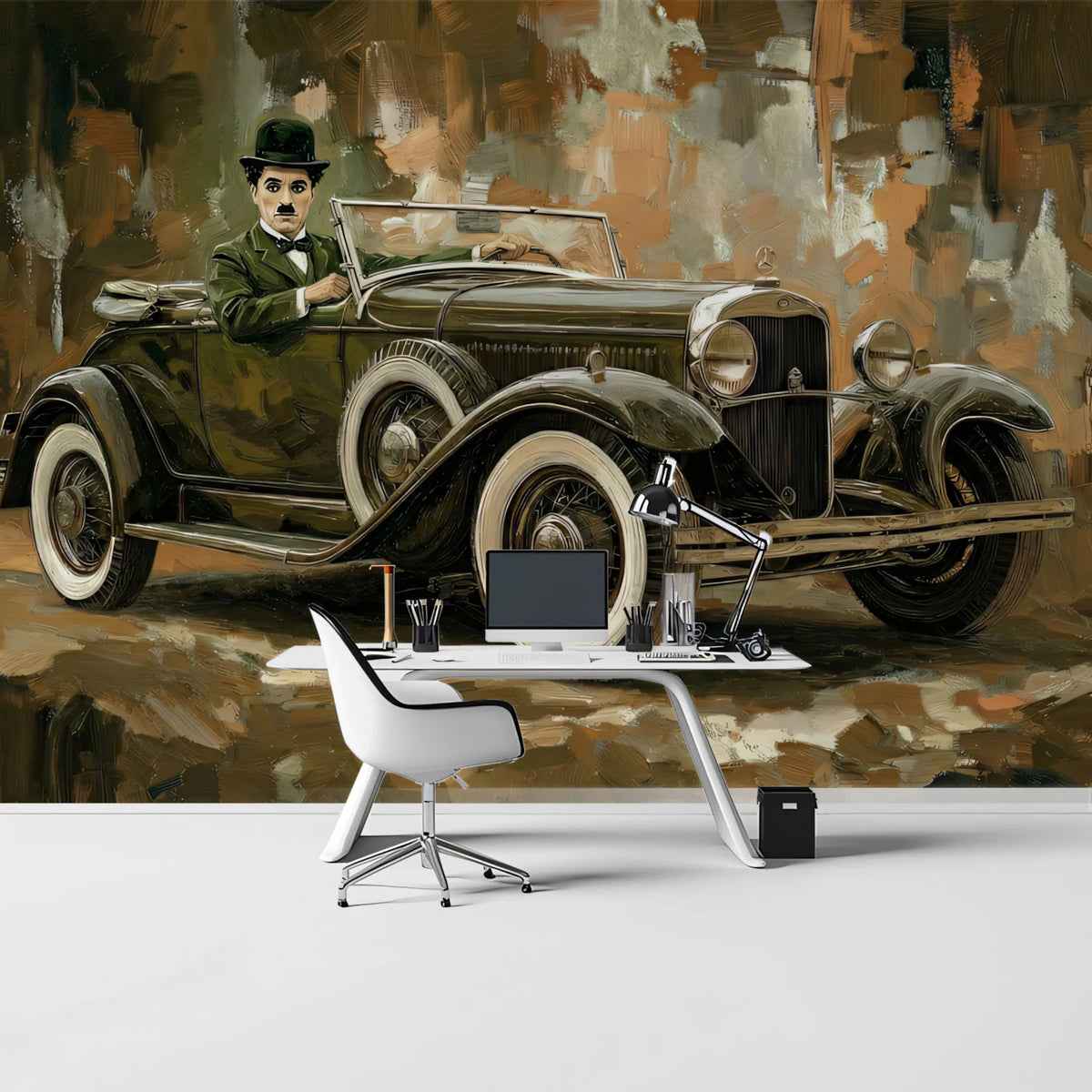 Charlie Chaplin Classic Car Mural Wallpaper — Vintage Cinematic Art Mural Wallpaper - pure wallpaper artwork