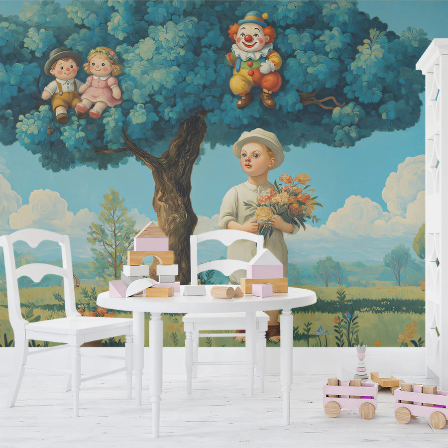 Boy and Tree Toys Mural Wallpaper — Whimsical Childhood Scene Mural Wallpaper