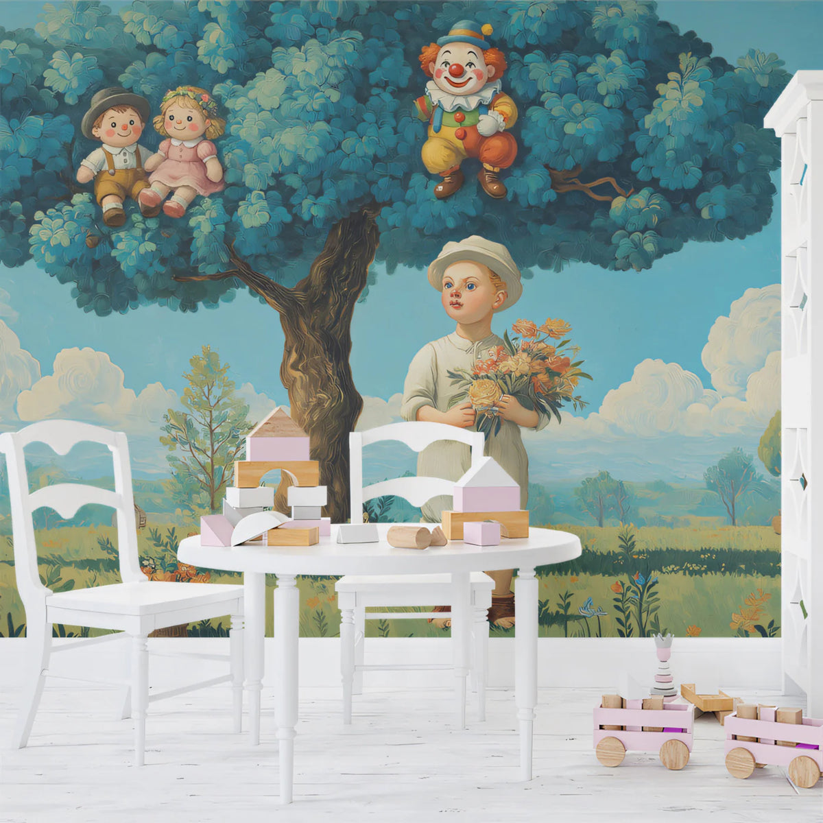 Boy and Tree Toys Mural Wallpaper — Whimsical Childhood Scene Mural Wallpaper - pure wallpaper artwork