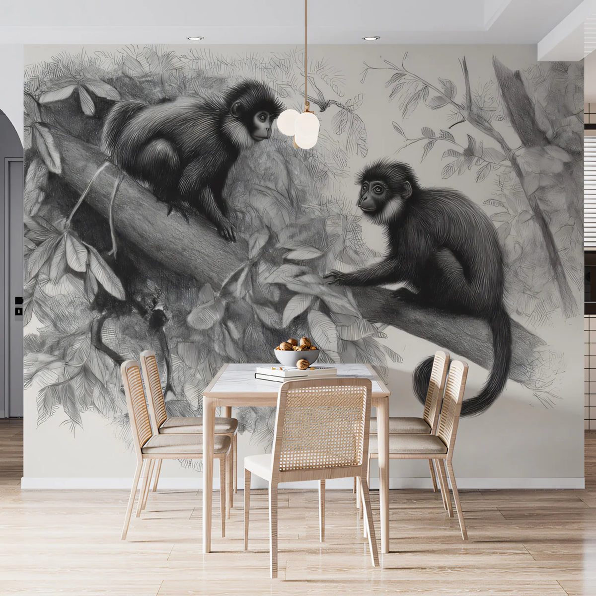 Monkeys in the Canopy Pencil Sketch Mural Wallpaper - pure wallpaper artwork
