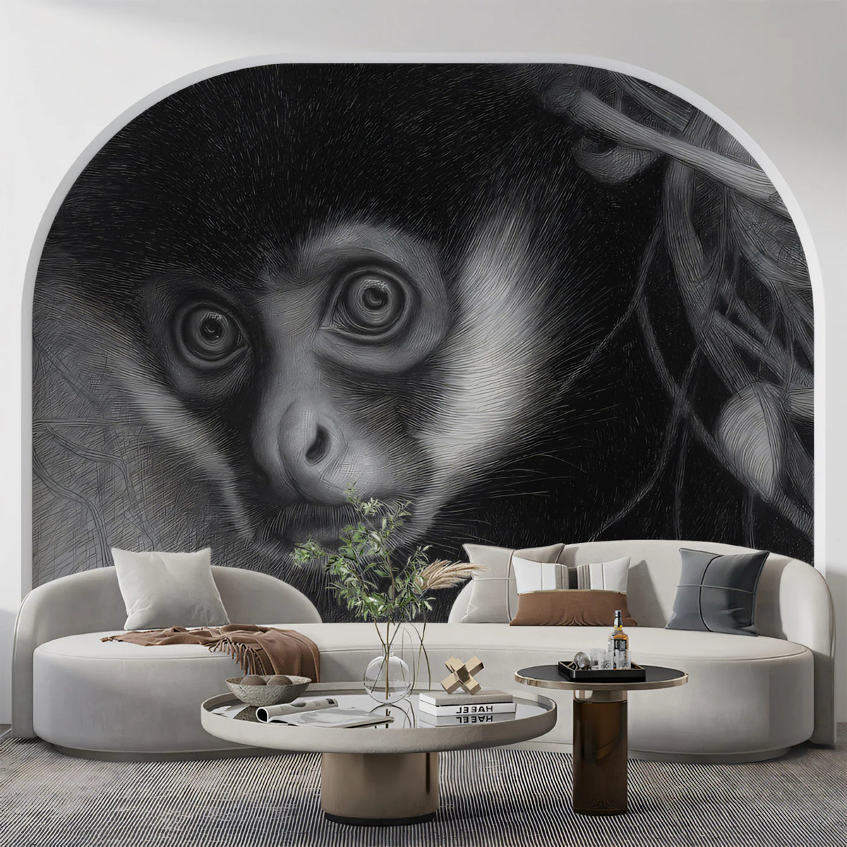 Intricate Monkey Pencil Sketch Mural Wallpaper — Artistic Monochrome Mural Wallpaper - pure wallpaper artwork
