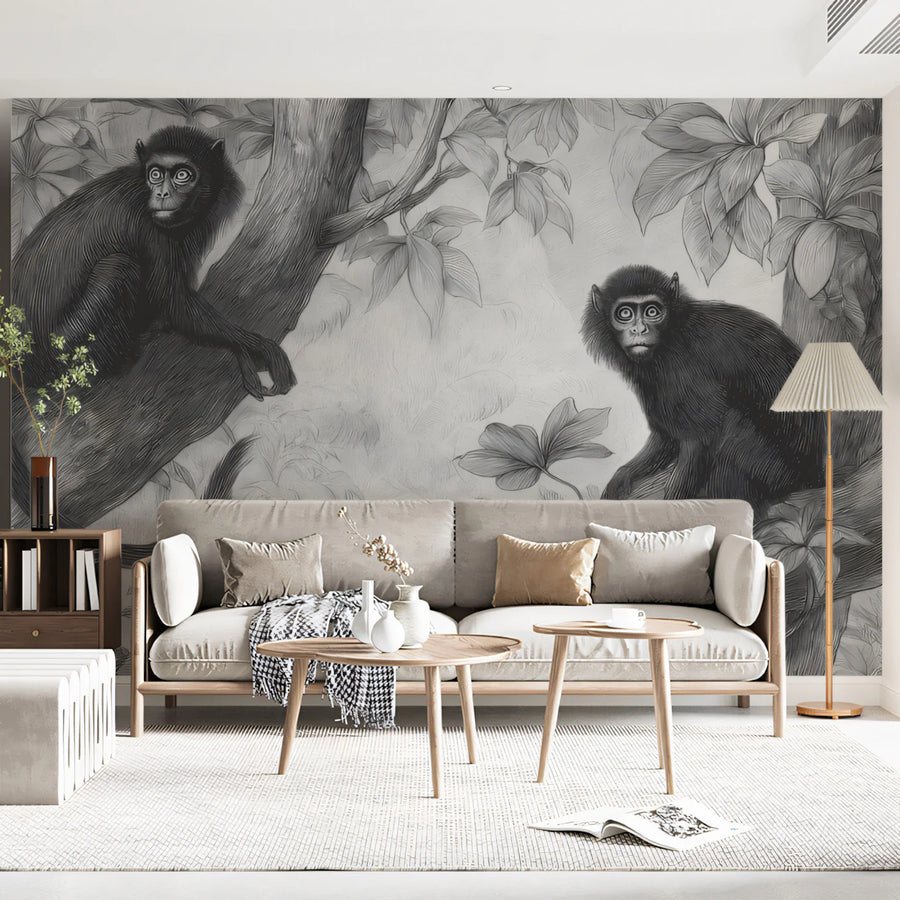 Vintage Jungle Monkey Mural Wallpaper —Etched Botanical Style Mural Wallpaper