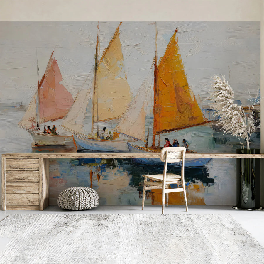 Sailboat Regatta Mural Wallpaper — Impressionist Coastal Art Mural Wallpaper