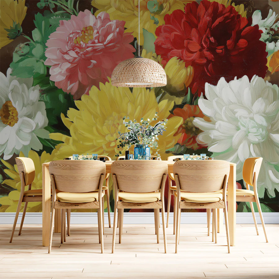 Chrysanthemum Oil Painting Mural Wallpaper — Colorful Botanical Mural Wallpaper