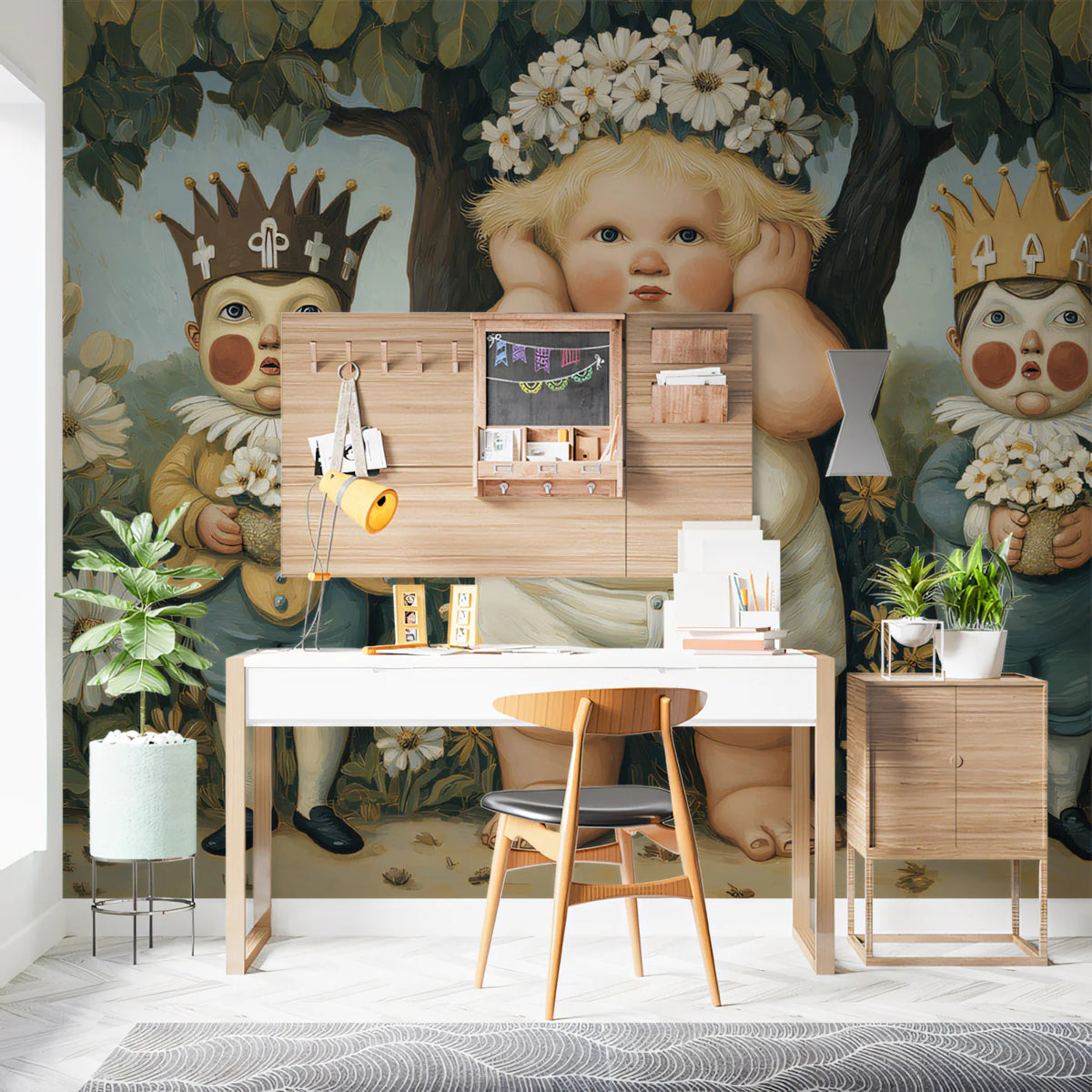Royal Children Folk Art Mural Wallpaper — Whimsical Garden Scene Mural Wallpaper - pure wallpaper artwork