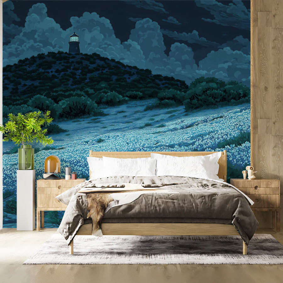 Midnight Lighthouse and Floral Field Mural Wallpaper