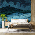 Midnight Lighthouse and Floral Field Mural Wallpaper - pure wallpaper artwork