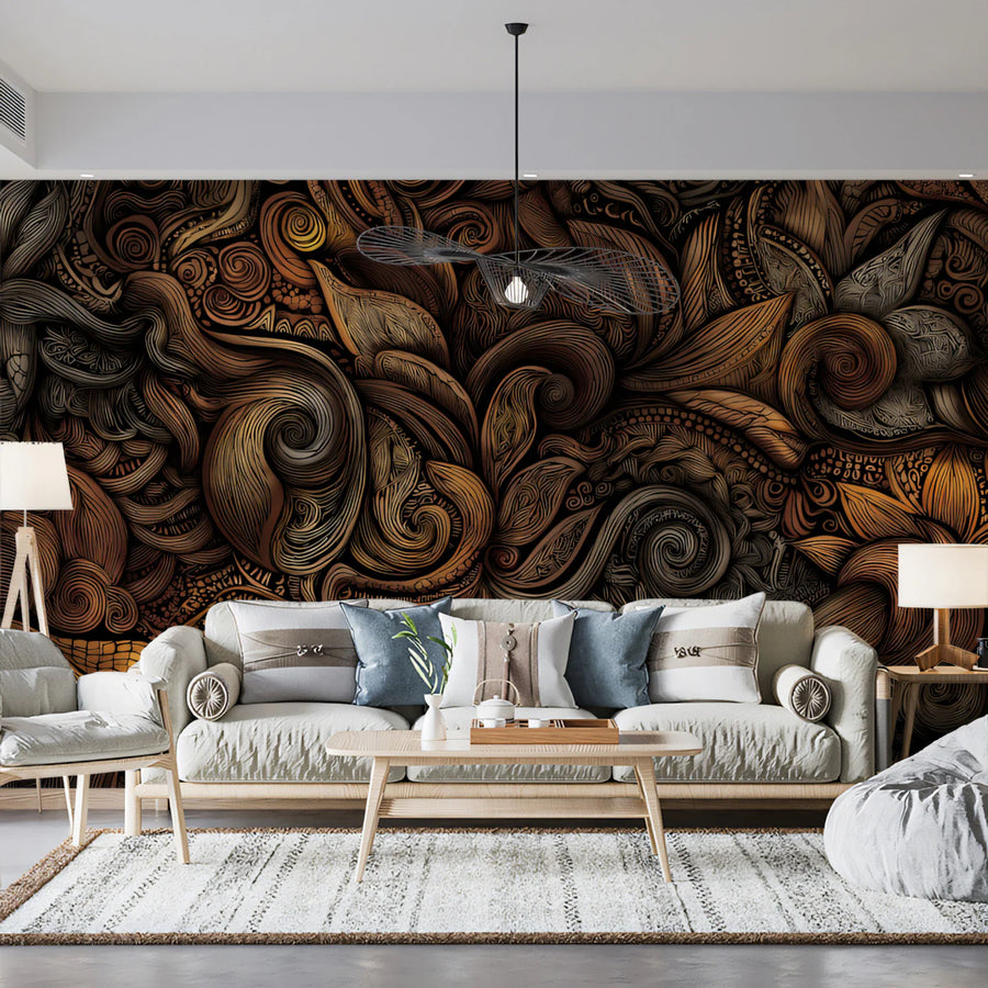 Abstract Swirl Relief Mural Wallpaper — Warm Bronze and Copper Mural Wallpaper