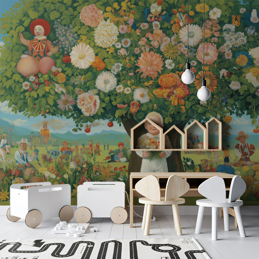 Whimsical Garden Story Mural Wallpaper — Surreal Floral Art Mural Wallpaper