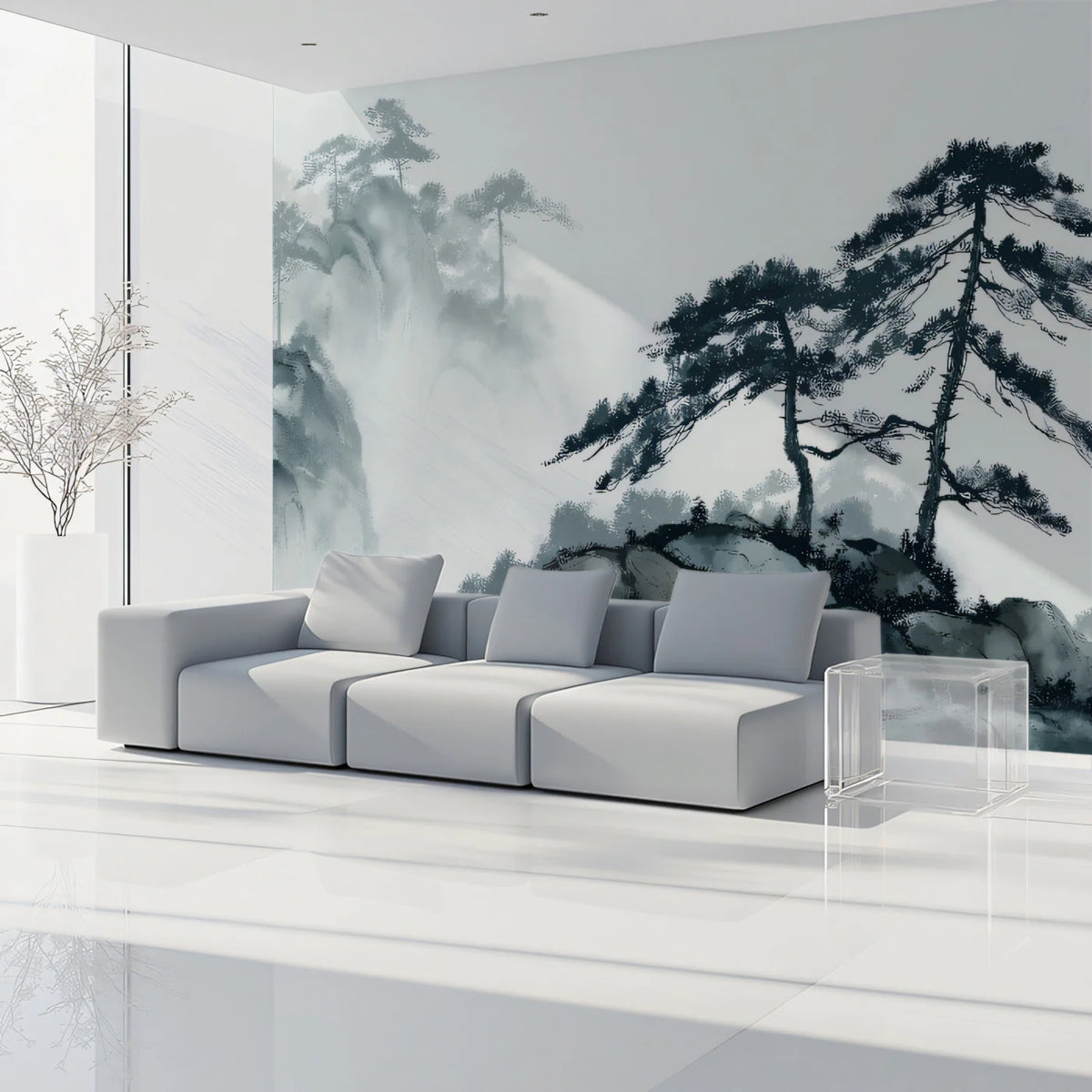 Ink Wash Mountain Mural Wallpaper — Traditional Zen Landscape Mural Wallpaper - pure wallpaper artwork