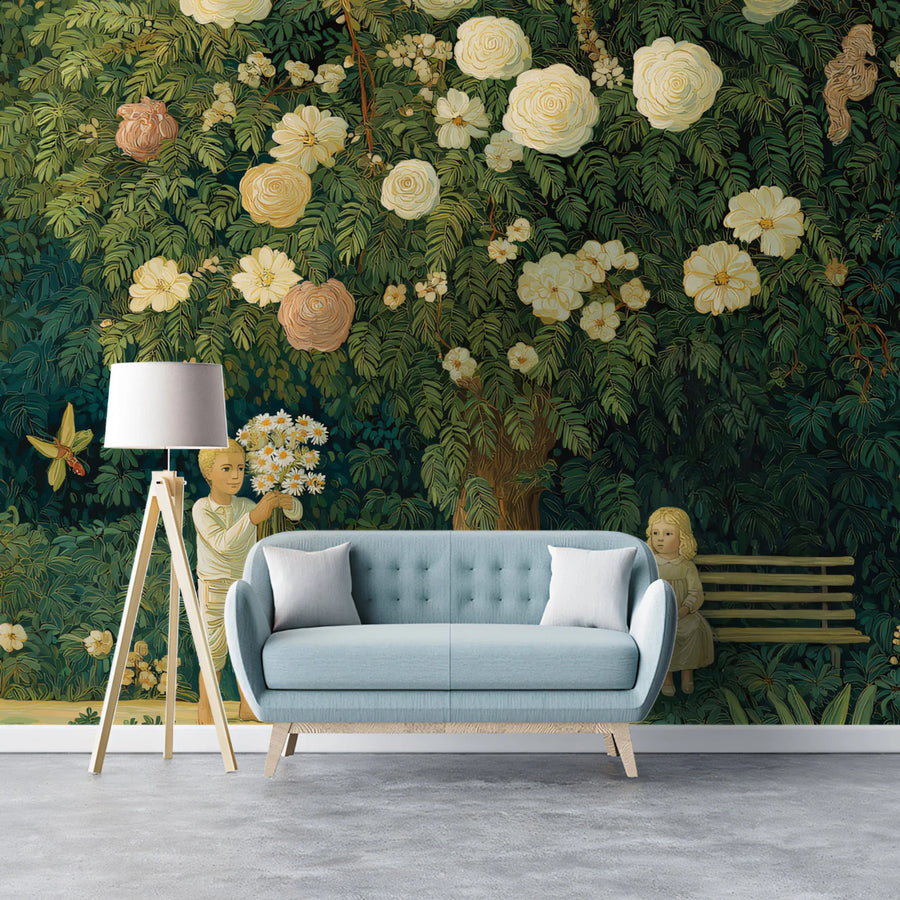 Vintage Storybook Garden Mural Wallpaper — Whimsical Floral Scene Mural Wallpaper