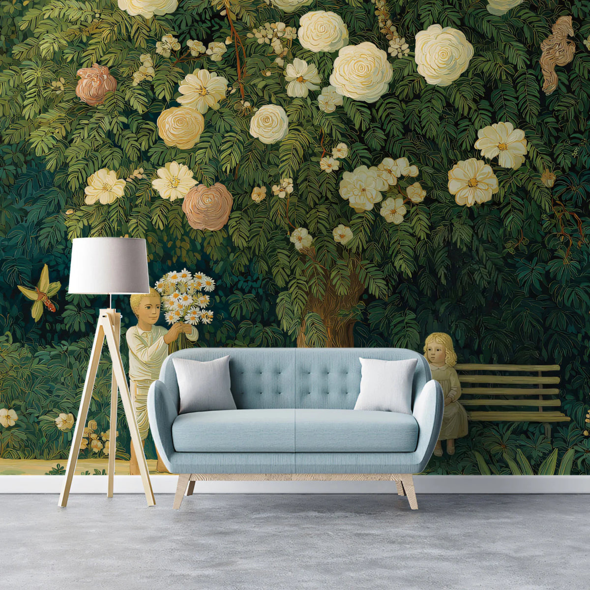 Vintage Storybook Garden Mural Wallpaper — Whimsical Floral Scene Mural Wallpaper - pure wallpaper artwork