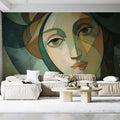 Cubist Portrait Mural Wallpaper — Artistic Green & Earth Tones Mural Wallpaper - pure wallpaper artwork