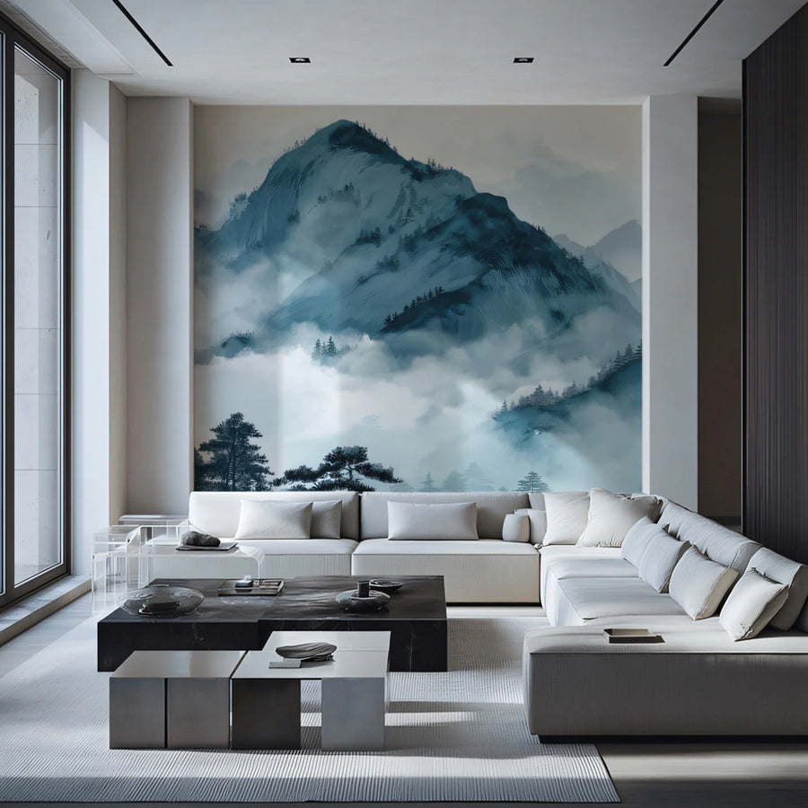 Misty Blue Mountain Range Mural Wallpaper — Artistic Ink Wash Mural Wallpaper