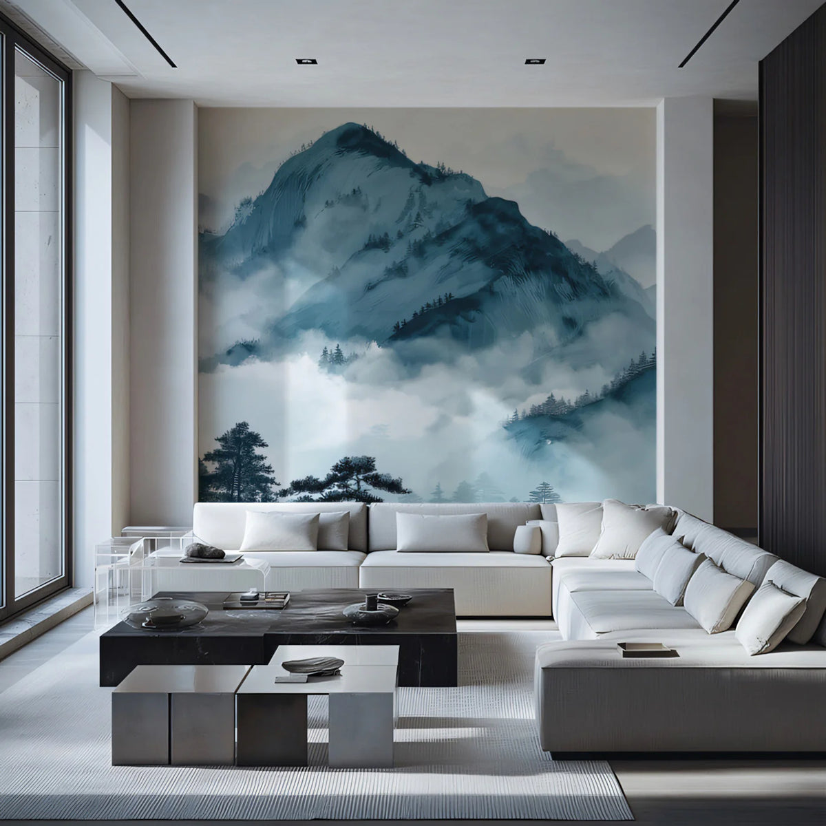 Misty Blue Mountain Range Mural Wallpaper — Artistic Ink Wash Mural Wallpaper - pure wallpaper artwork