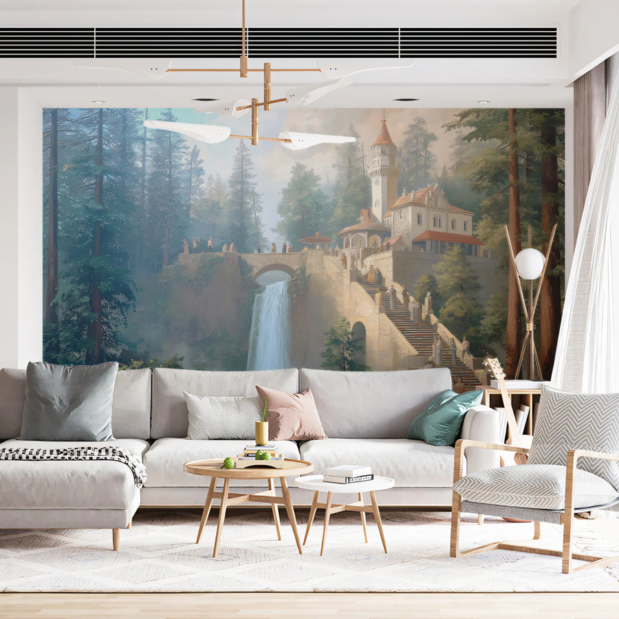 Fairytale Forest Castle Mural Wallpaper — Romantic Landscape Mural Wallpaper