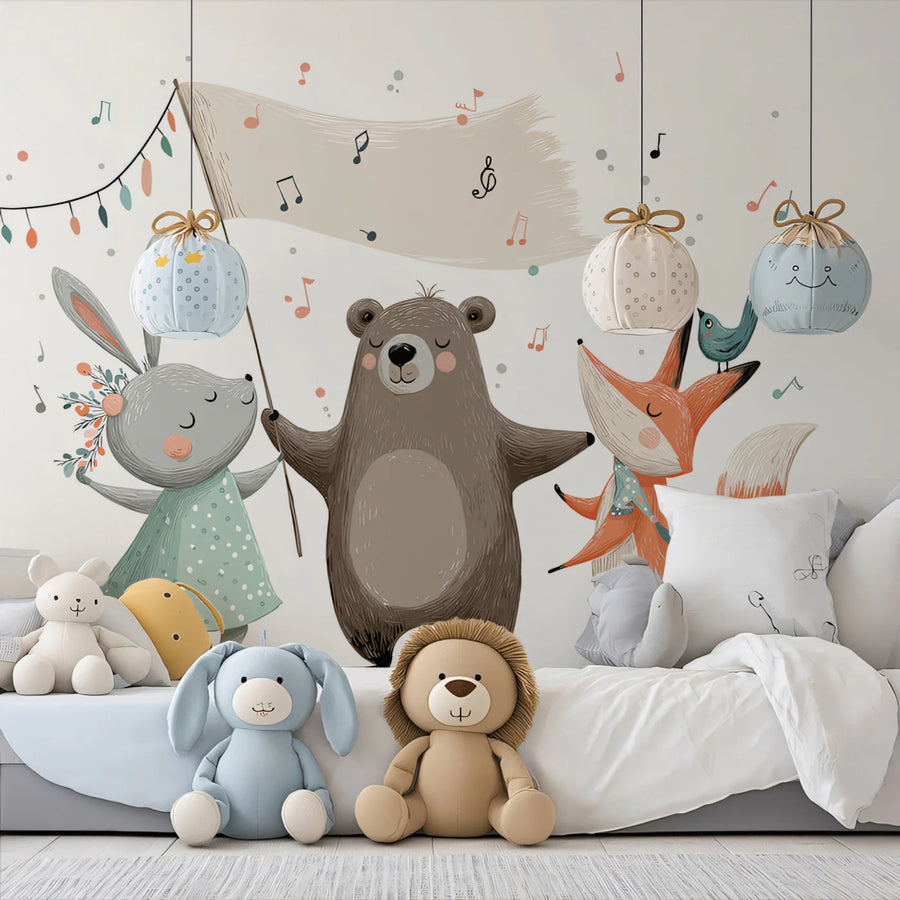 Forest Friends Parade Mural Wallpaper — Whimsical Children's Design Mural Wallpaper