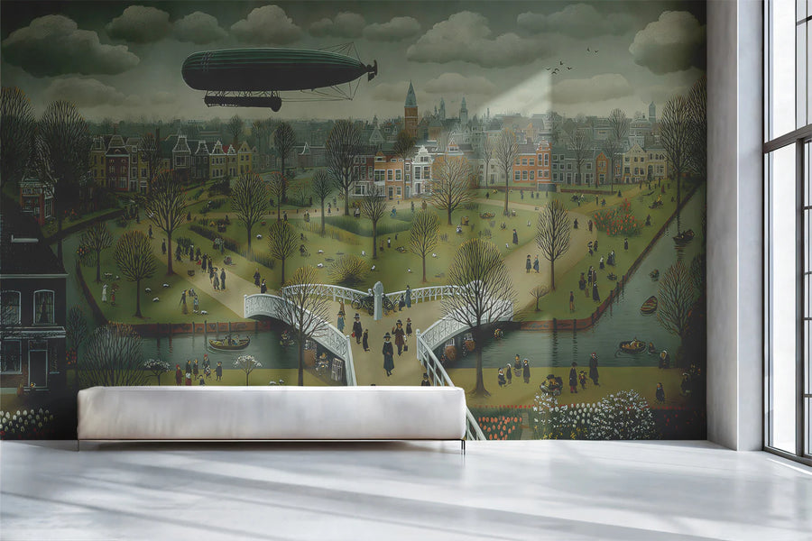 Vintage Dutch Townscape Mural Wallpaper — Whimsical Folk Art Mural Wallpaper