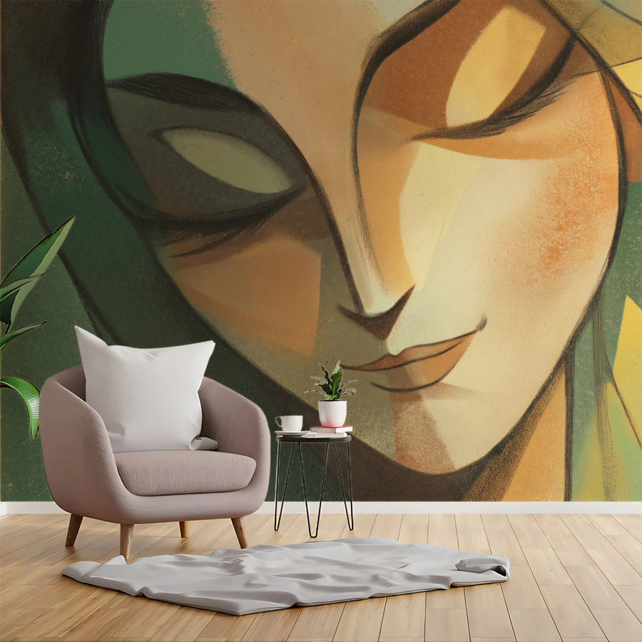Abstract Geometric Portrait Mural Wallpaper — Soft Ochre and Green Mural Wallpaper