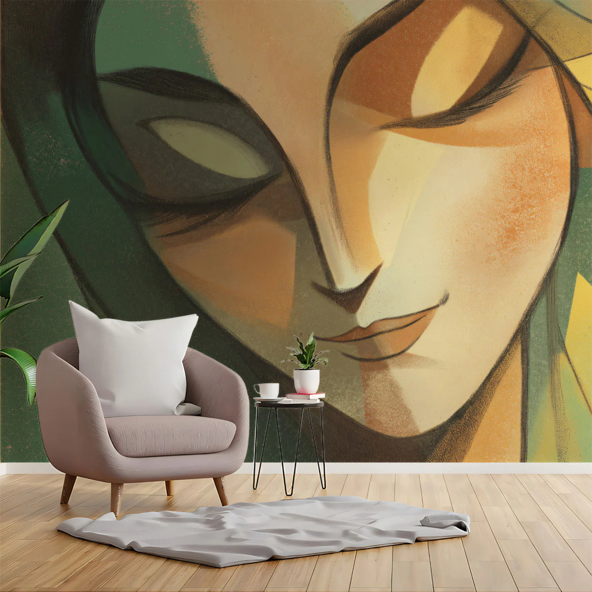 Abstract Geometric Portrait Mural Wallpaper — Soft Ochre and Green Mural Wallpaper - pure wallpaper artwork