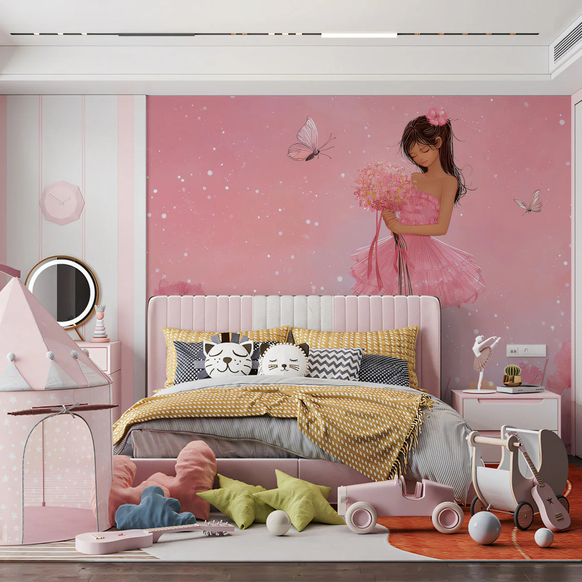 Ballerina Girl with Floral Meadow Mural Wallpaper — Whimsical Pink Mural Wallpaper - pure wallpaper artwork