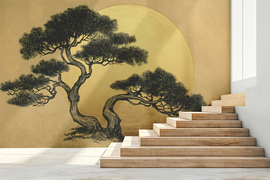 Japanese Pine Silhouette Mural Wallpaper — Golden Disk Art Mural Wallpaper