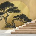 Japanese Pine Silhouette Mural Wallpaper — Golden Disk Art Mural Wallpaper - pure wallpaper artwork