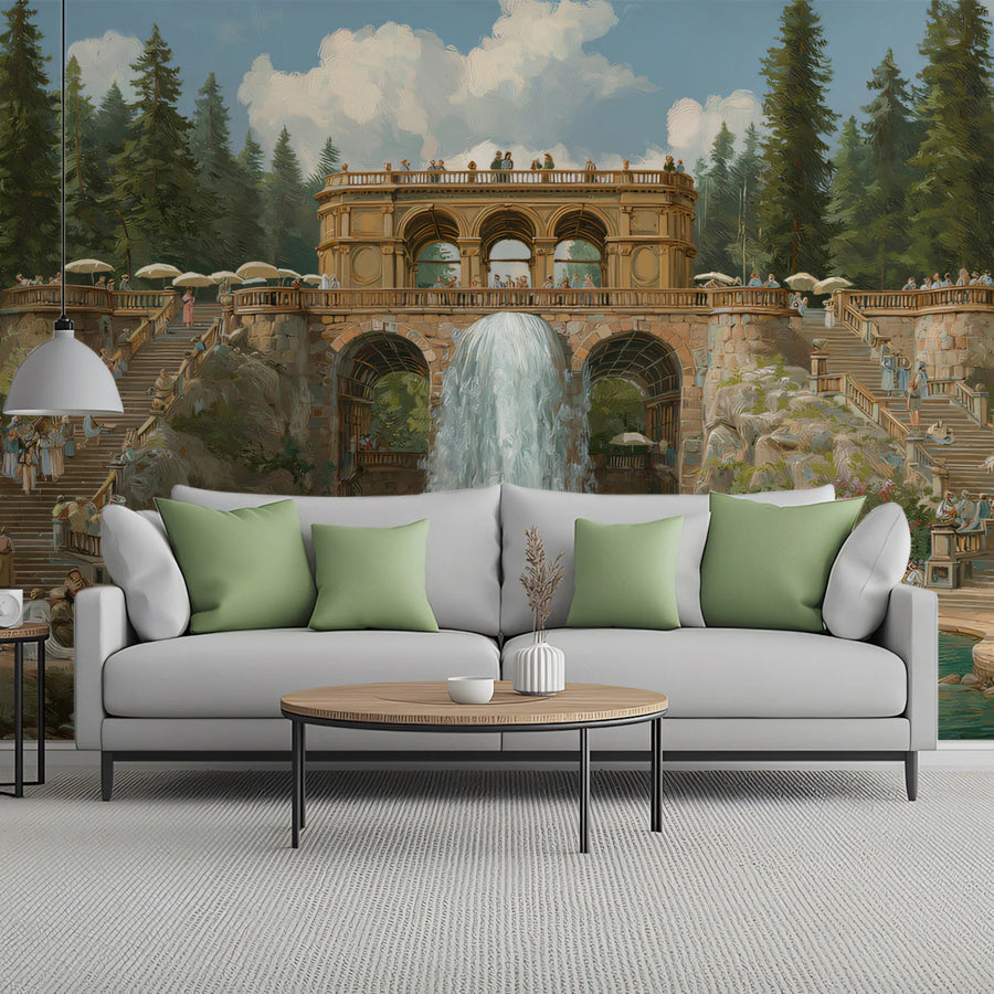 Classical Roman Waterfall Mural Wallpaper — Historic Landscape Art Mural Wallpaper