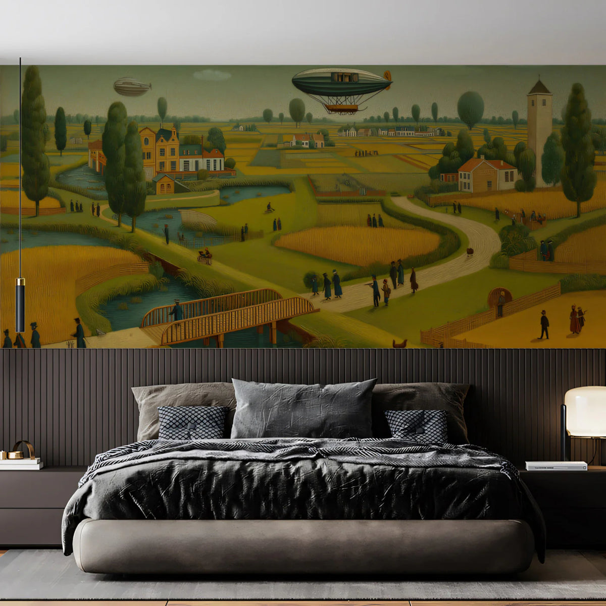 Golden Pastoral Airship Mural Wallpaper — Vintage Folk Art Landscape Mural Wallpaper - pure wallpaper artwork