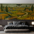 Golden Pastoral Airship Mural Wallpaper — Vintage Folk Art Landscape Mural Wallpaper - pure wallpaper artwork