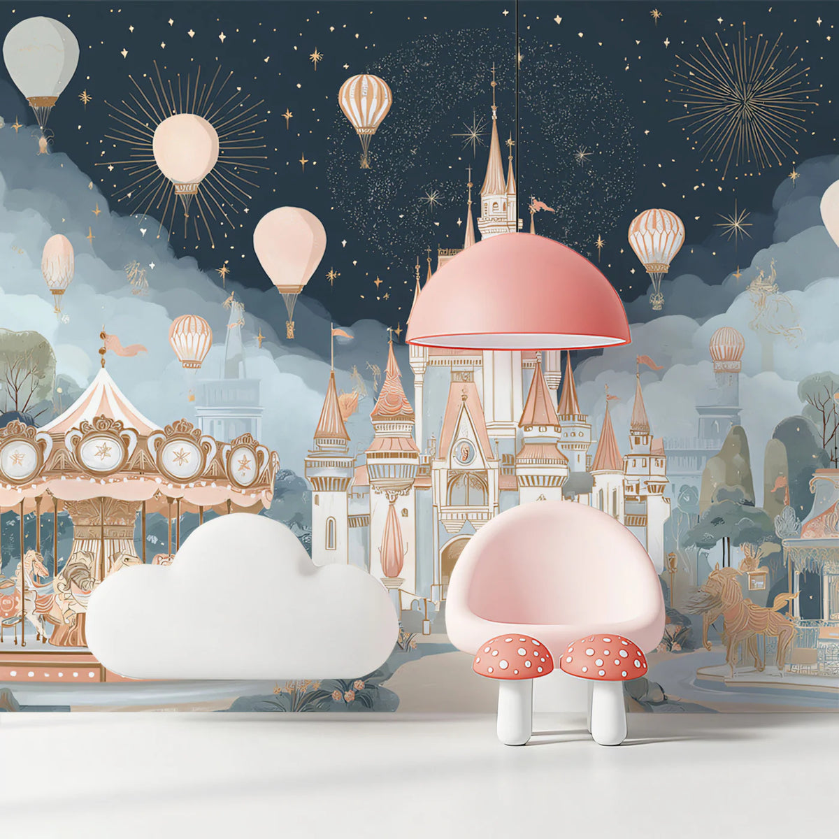 Fantasy Castle and Carousel Mural Wallpaper — Whimsical Night Scene Mural Wallpaper - pure wallpaper artwork