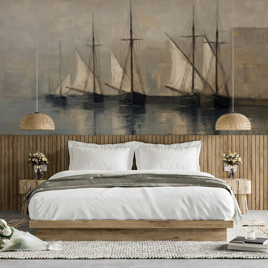 Vintage Harbor Fishing Boats Mural Wallpaper —Oil Painting Style Mural Wallpaper