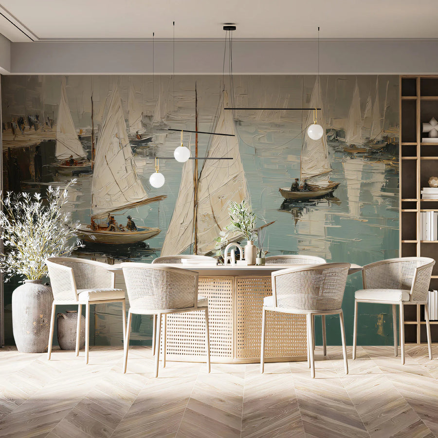 Impressionist Harbor Sailboat Mural Wallpaper — Artistic Marine View Mural Wallpaper