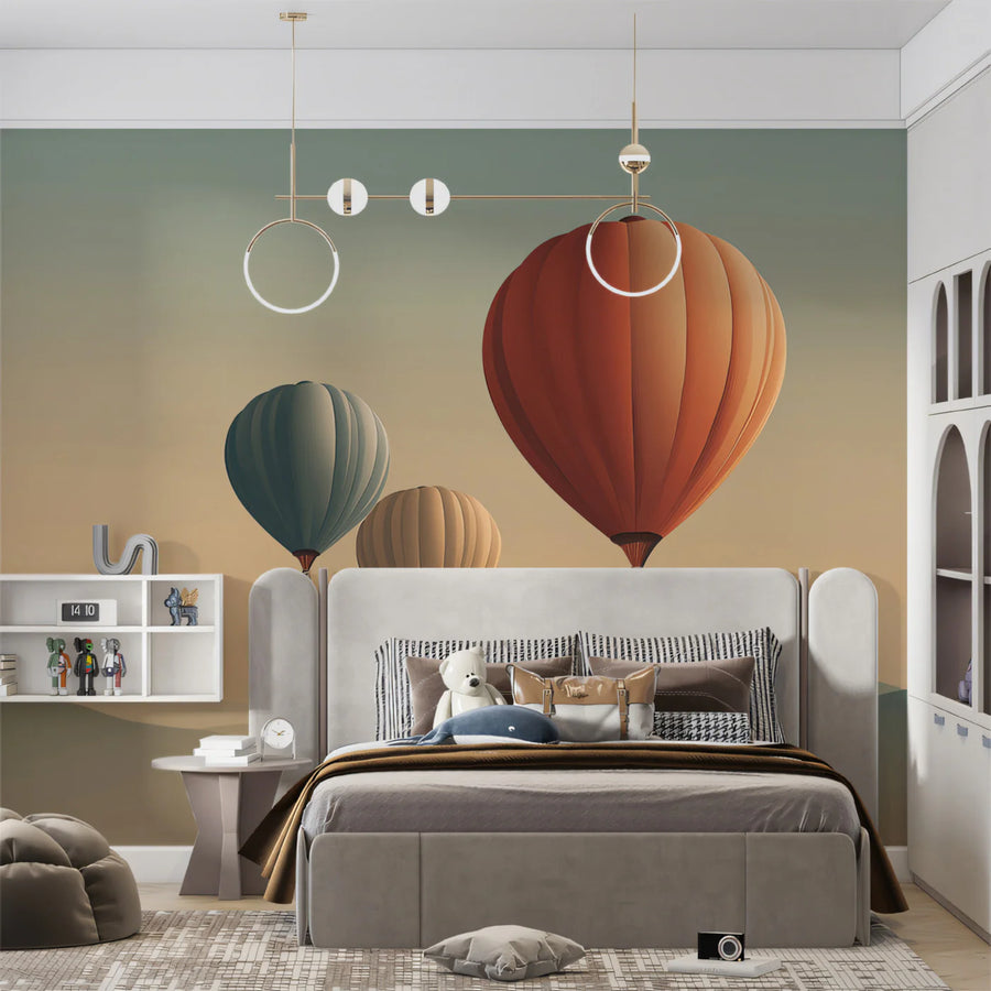 Floating Hot Air Balloon Landscape Mural — Minimalist Pastel Decor Mural Wallpaper