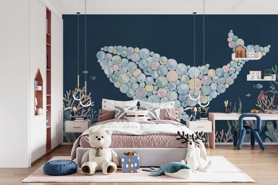 Watercolor Bubble Whale Mural Wallpaper — Coastal Marine Art Mural Wallpaper