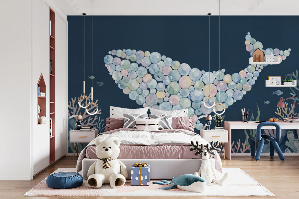 Watercolor Bubble Whale Mural Wallpaper — Coastal Marine Art Mural Wallpaper - pure wallpaper artwork