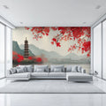 Traditional Chinese Pagoda & Maple Mural Wallpaper — Artistic View Mural Wallpaper - pure wallpaper artwork