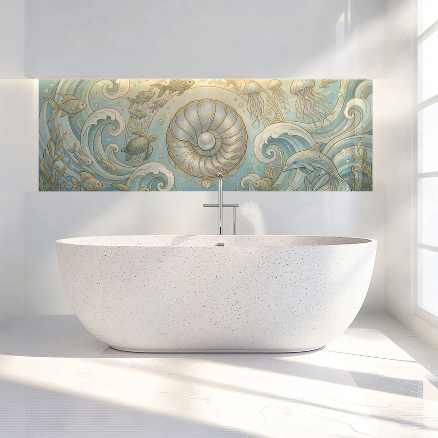 Art Nouveau Pearl & Ocean Life Mural Wallpaper — Soft Aquatic Swirls Mural Wallpaper