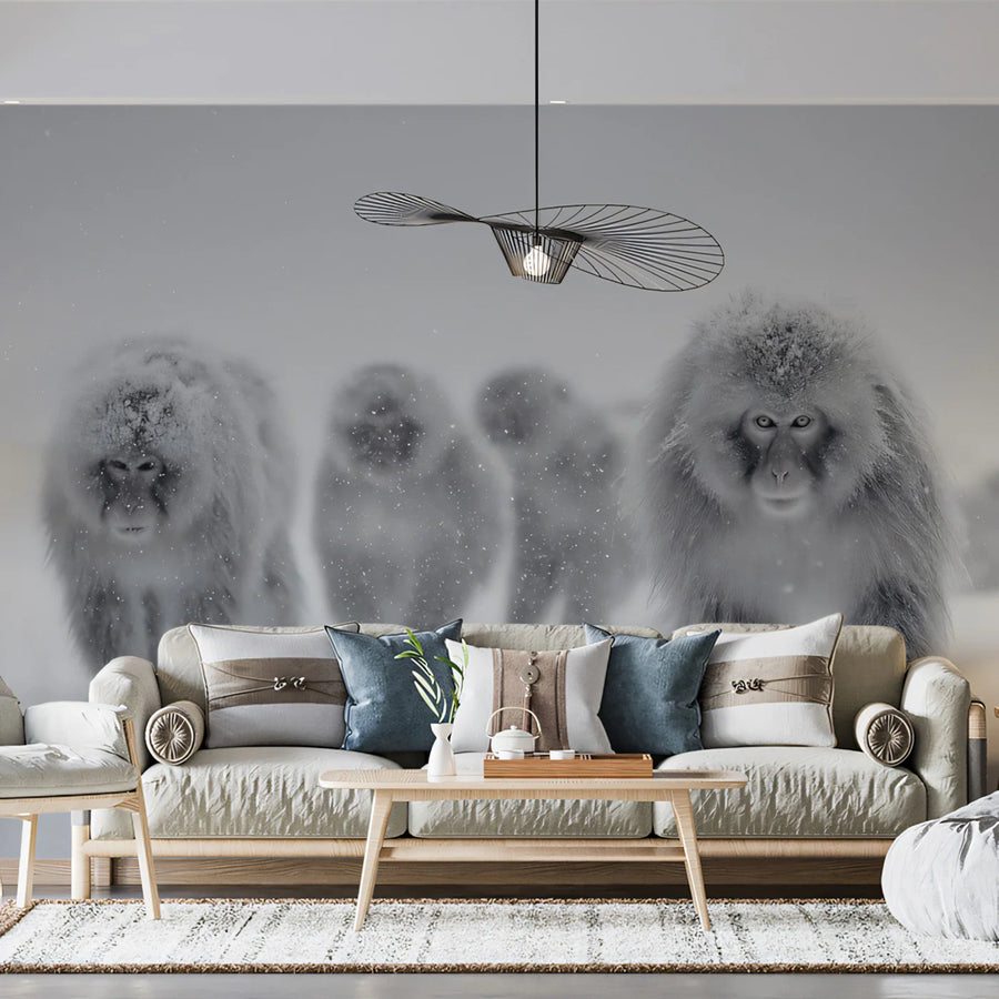 Snow Monkey Winter Landscape Mural Wallpaper — Minimalist Photography Mural Wallpaper