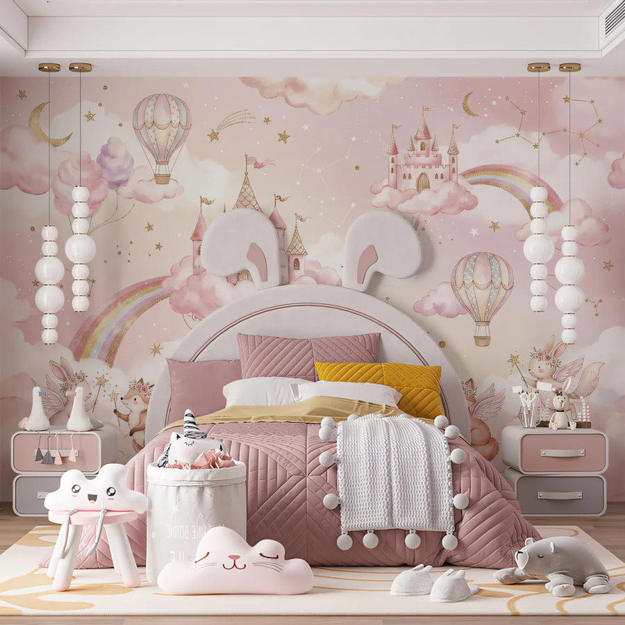 Cloud Kingdom Mural Wallpaper — Whimsical Nursery Illustration Mural Wallpaper