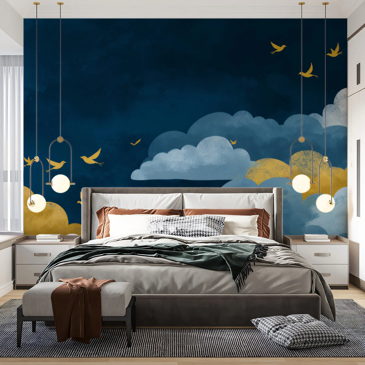 Indigo Skies & Golden Birds Mural Wallpaper — Whimsical Dreamscape Mural Wallpaper - pure wallpaper artwork