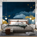Indigo Skies & Golden Birds Mural Wallpaper — Whimsical Dreamscape Mural Wallpaper - pure wallpaper artwork