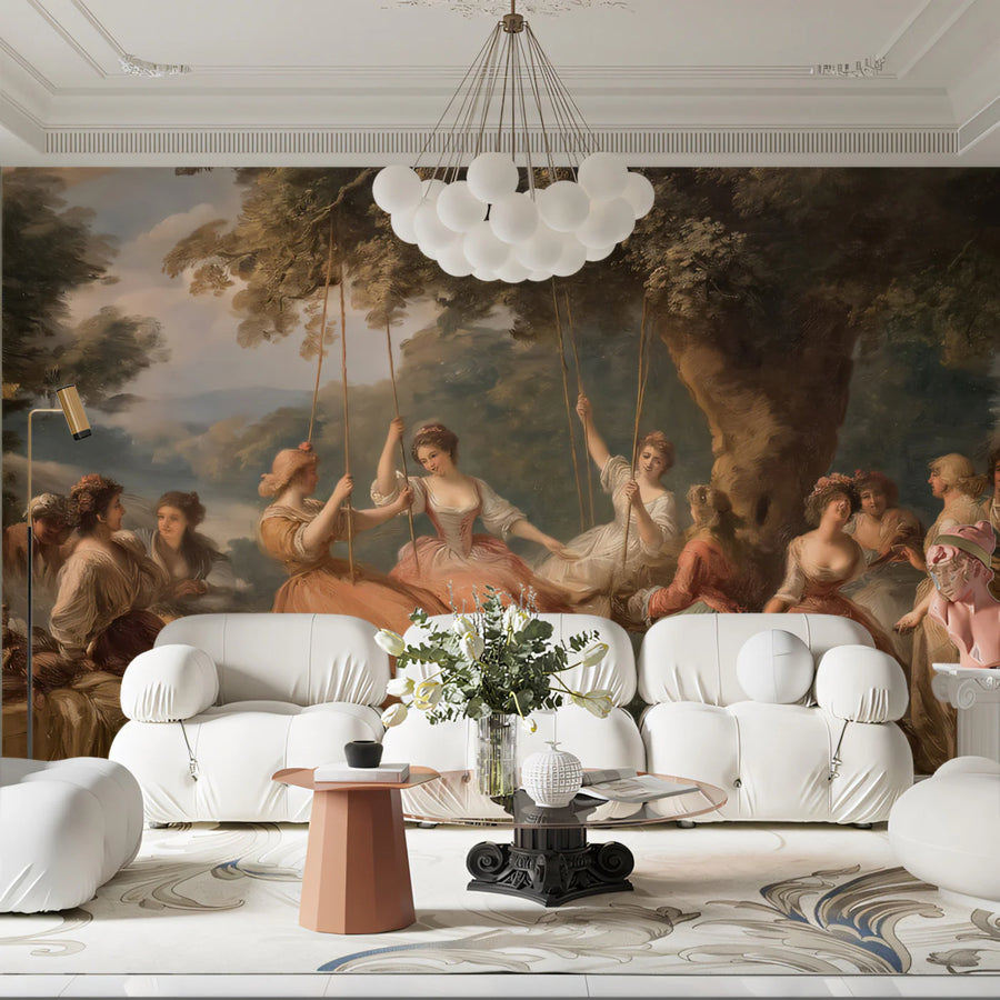 Rococo Garden Party Mural Wallpaper — Classic Oil Painting Style Mural Wallpaper