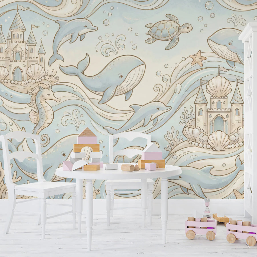 Underwater Kingdom Whimsical Mural Wallpaper — Soft Aquatic Scene Mural Wallpaper
