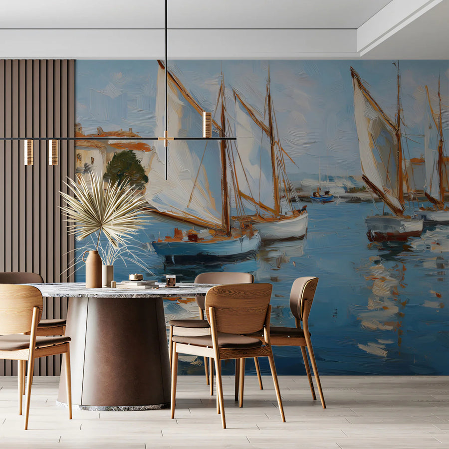 Mediterranean Sailboat Harbor Mural Wallpaper — Impressionist Art Mural Wallpaper