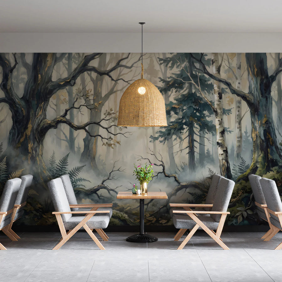 Mist-Veiled Ancient Forest Mural Wallpaper — Moody Watercolor Art Mural Wallpaper