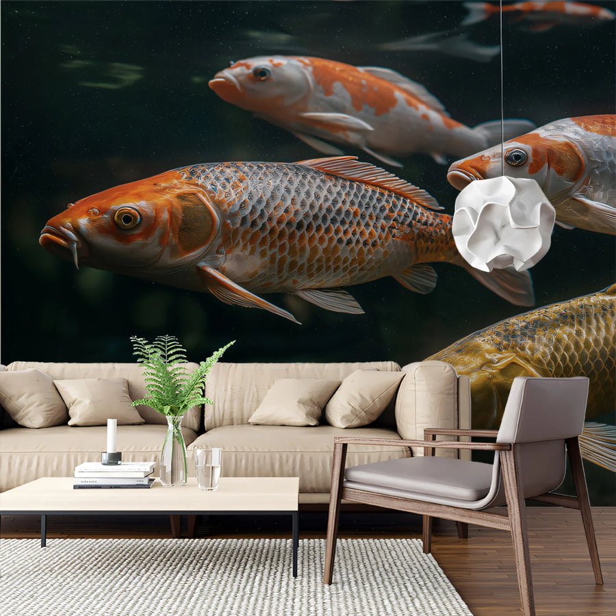 Zen Koi Pond Mural Wallpaper — Moody Aquatic Illustration Mural Wallpaper