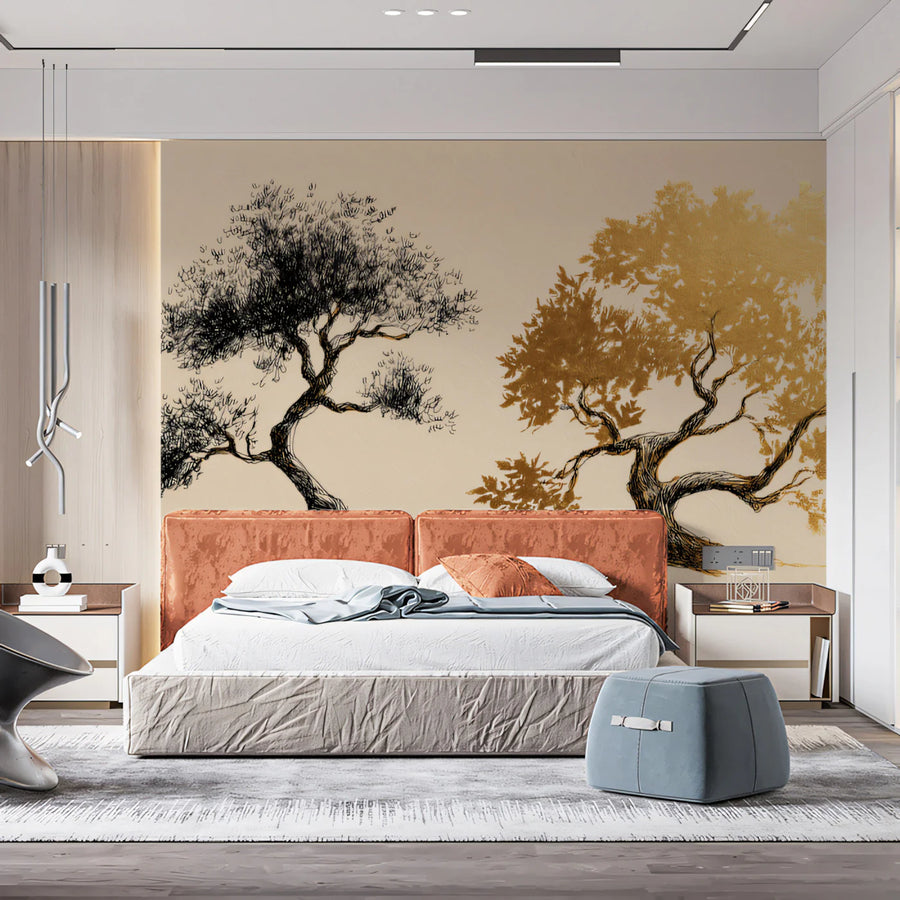Dual Ink and Gold Tree Art Mural Wallpaper — Sophisticated Contrast Mural Wallpaper